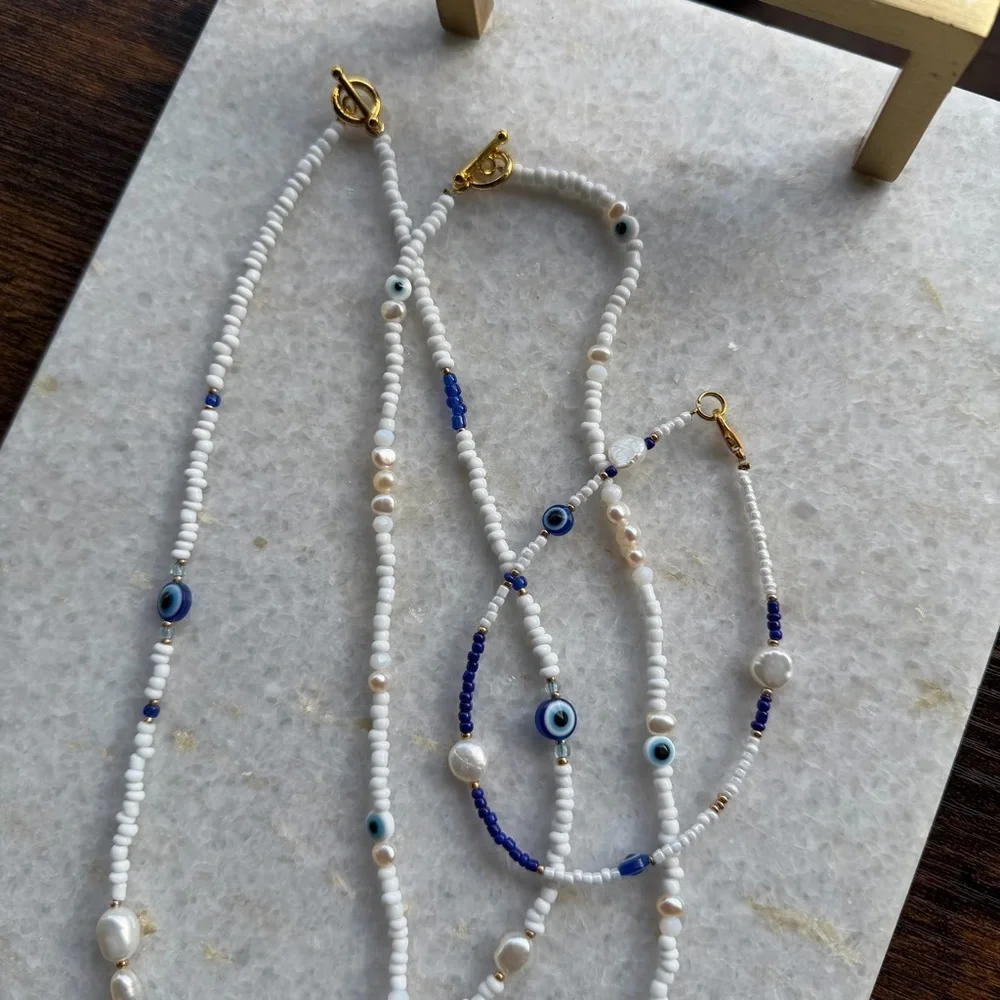 Evil Eye Freshwater Pearl Necklace & Anklet Bundle | Crystal | 3 Piece Set - Picture 5 of 7